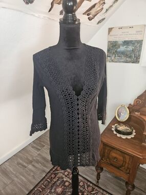Black Crochet Cotton V-Neck Tunic